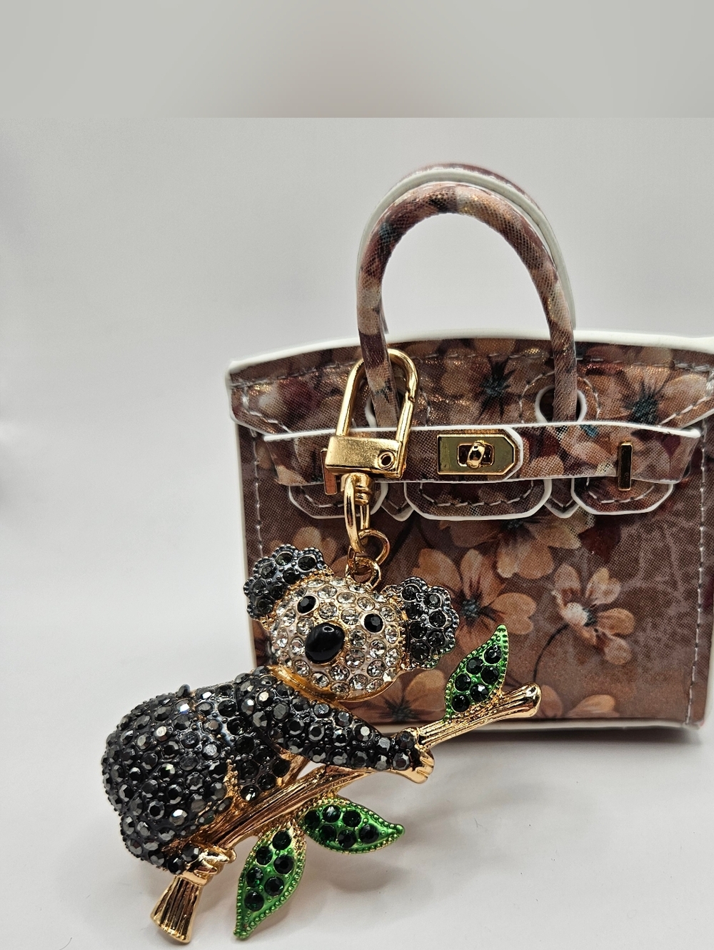 Floral Brown Mini Bag  with Crystal Koala Bag Charm